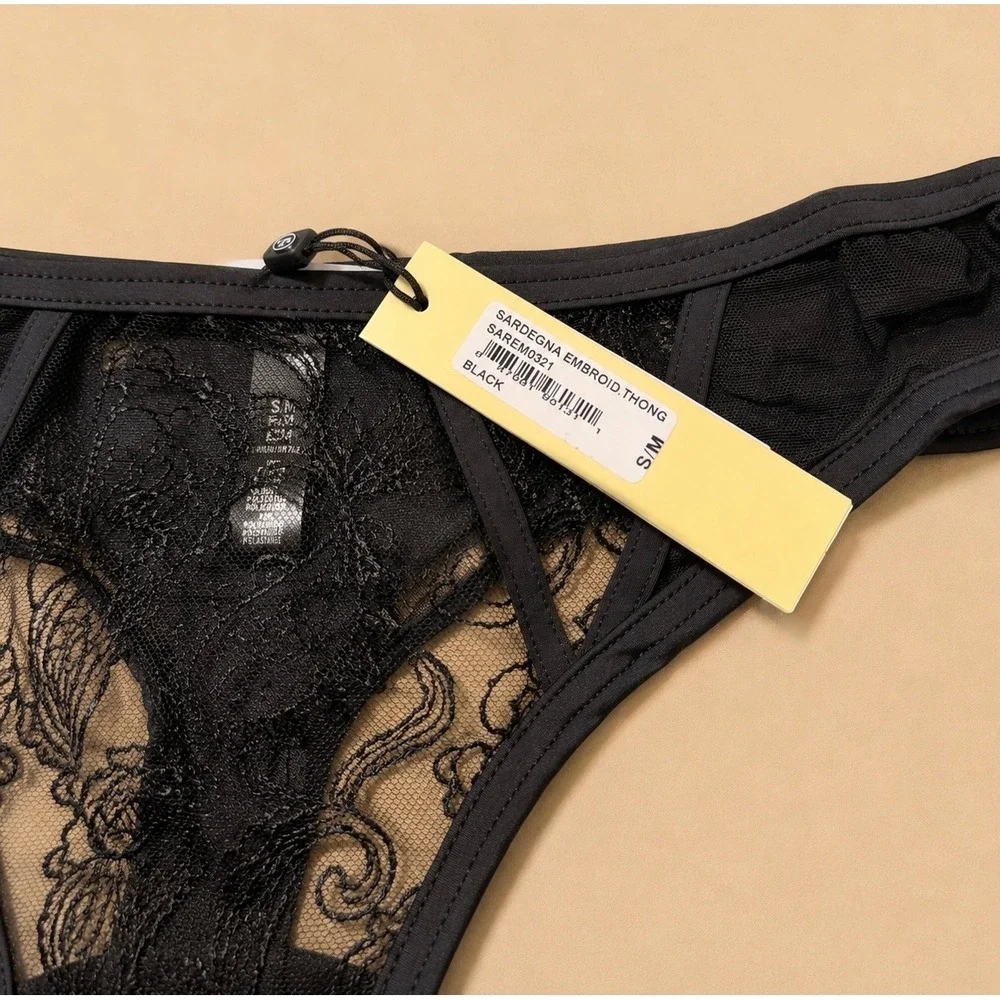 COSABELLA Sardegna Embroidered Lace Thong Black Size / S/M - NWT